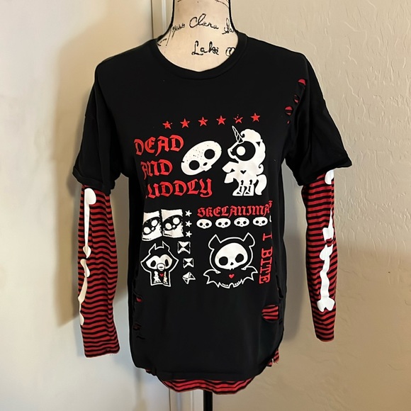 Skelanimals Tops - Skelanimals Goth Emo Black Orange Dead And Cuddly Graphic Long Sleeve Sh…